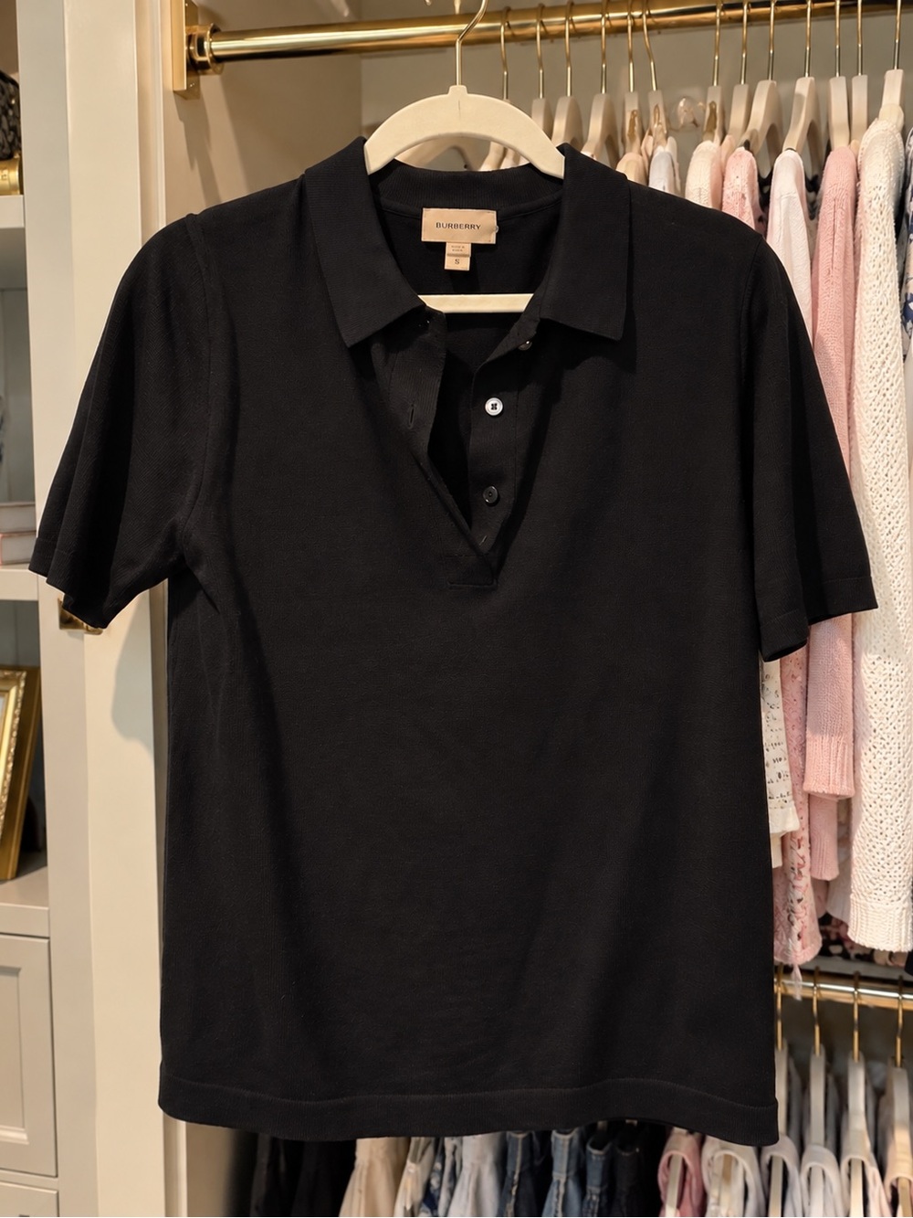 Burberry Black 100% Extra Fine Merino Wool Short Sleeve Polo Top Size S NWOT